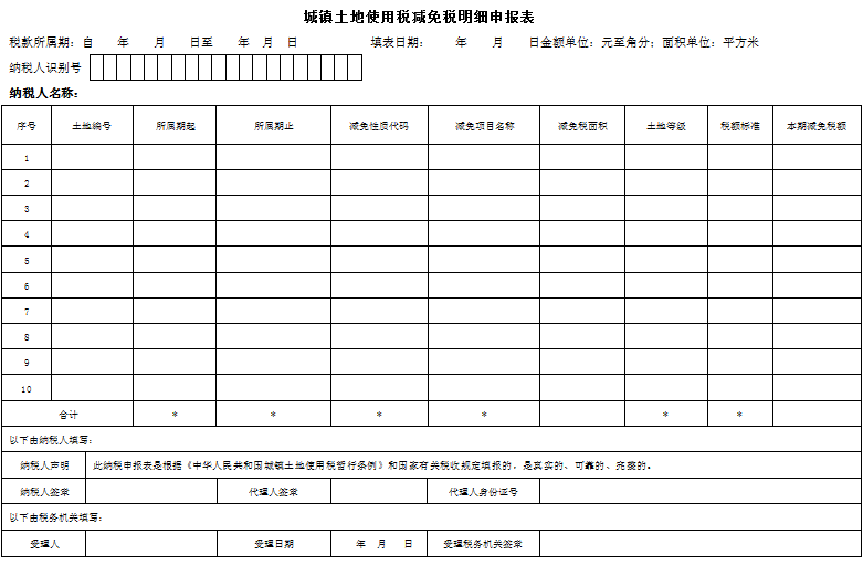 城镇土地使用税减免税明细申报表