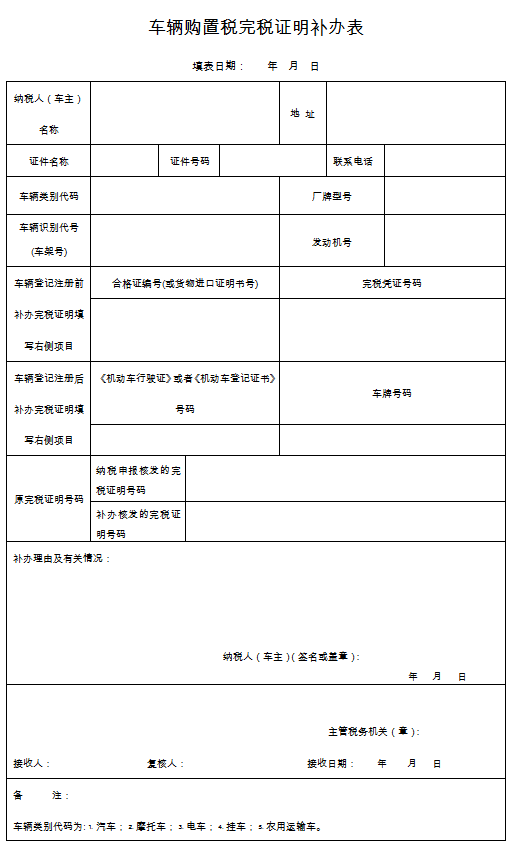 2016年最新《车辆购置税完税证明补办表》