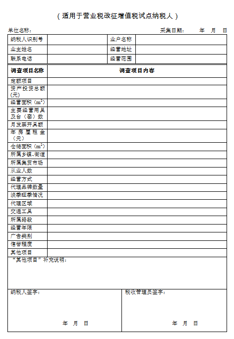 个体工商户定额信息采集表（适用于营业税改征增值税试点纳税人）